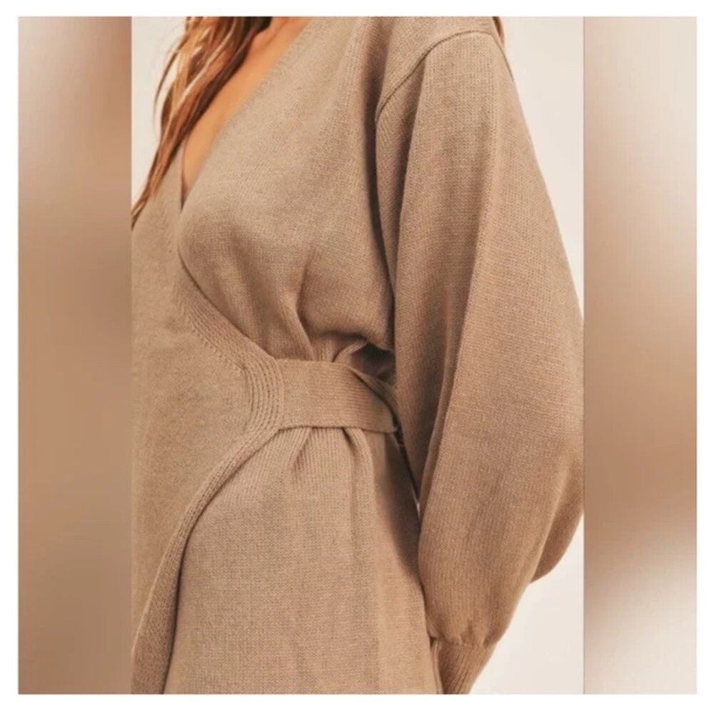 NEW Mable Minimalist Luxury Jovie Sweater Midi Dress Academia Taupe Wrap Duster - Picture 4 of 9